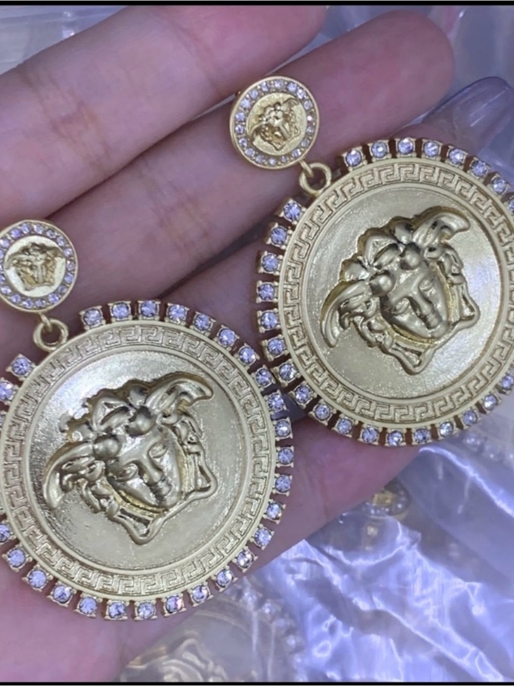 Gold Medallion Drop Earrings with Crystal Halo